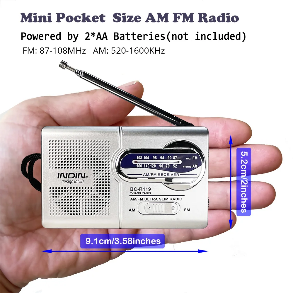 INDIN BC-R119 Portable Radio AM FM with Long Range Reception Loud Speaker, Headphone Jack, 2AA Battery Operated
