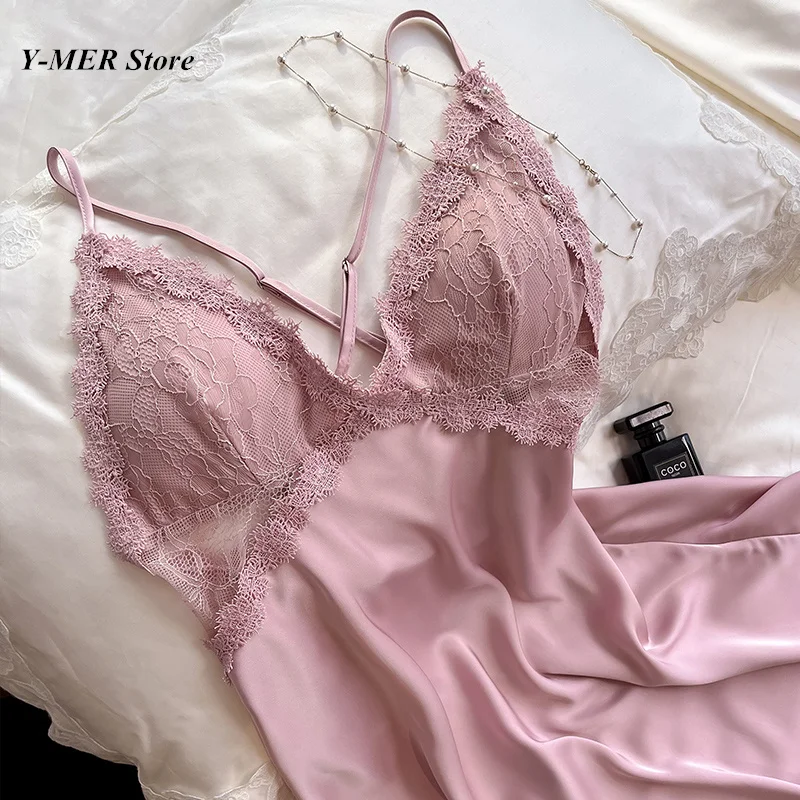 Spaghetti Strap Sexy Lace Nightgown Pink Embroider Flower Women Satin Home Dressing Gonw Sleepwear Spring Loungewear Lingerie