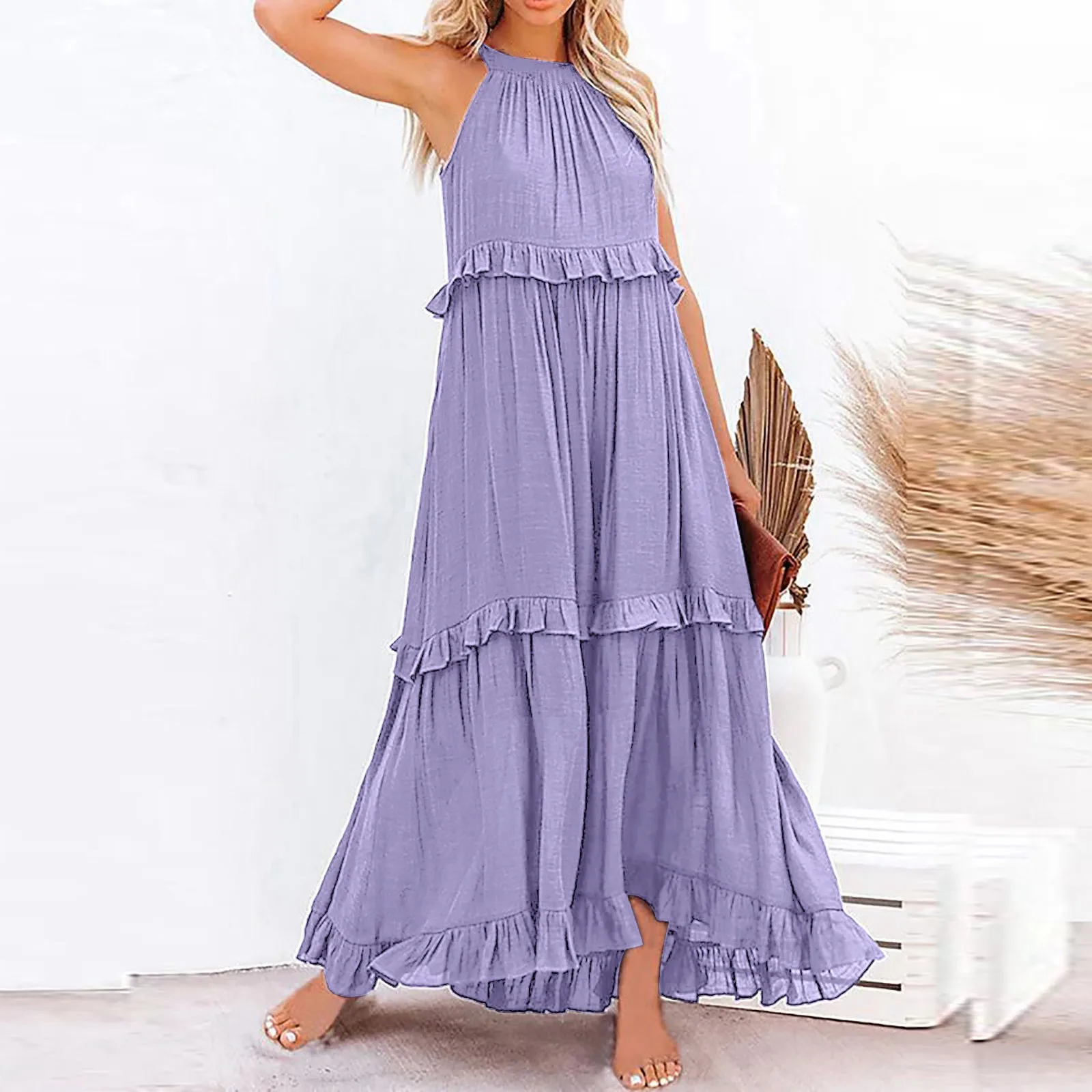 Vestido Halter Maxi com babados feminino, Monocromático, Sem mangas, Vestidos de praia longos, Irregular, Vestido com bolo, Sem costas, Verão, Novo, 2024