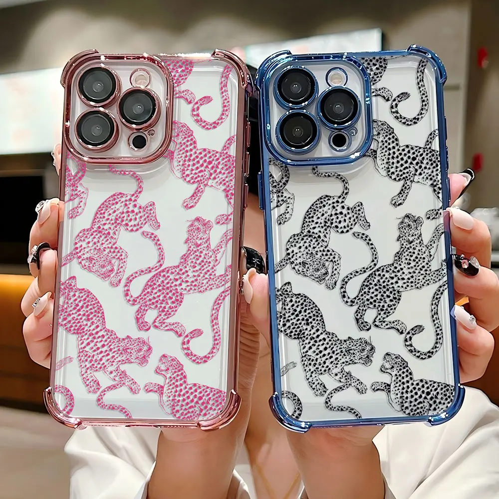 Pink Leopard Print Luxury Plating Case For Xiaomi 14 14Pro 13 13Pro Poco F4 F5 X5 X3 Pro 4G 5G Anti Fall Airbag Back Cover