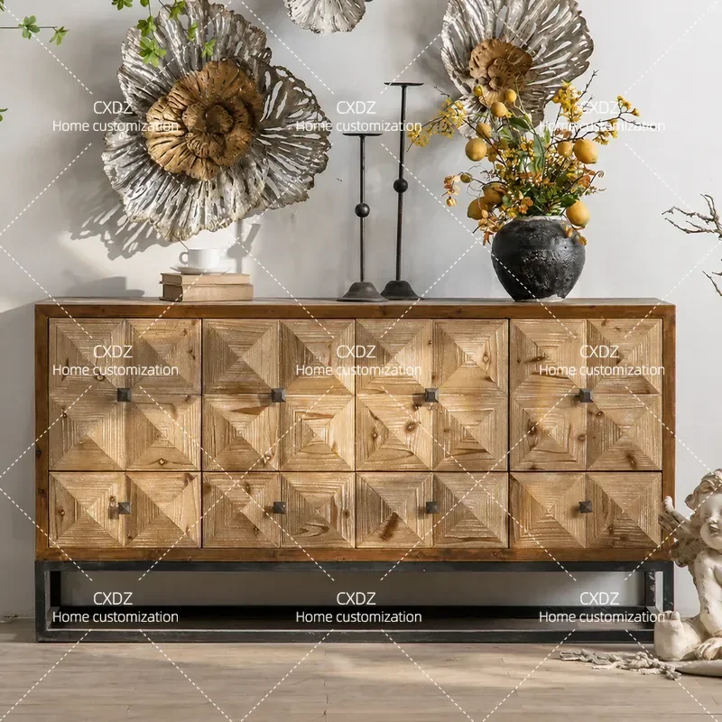 American Rural Retro Solid Wood Side Cabinet Storage Console for Living Room Entrance Hall Sofa End Table Bedroom Nightstand