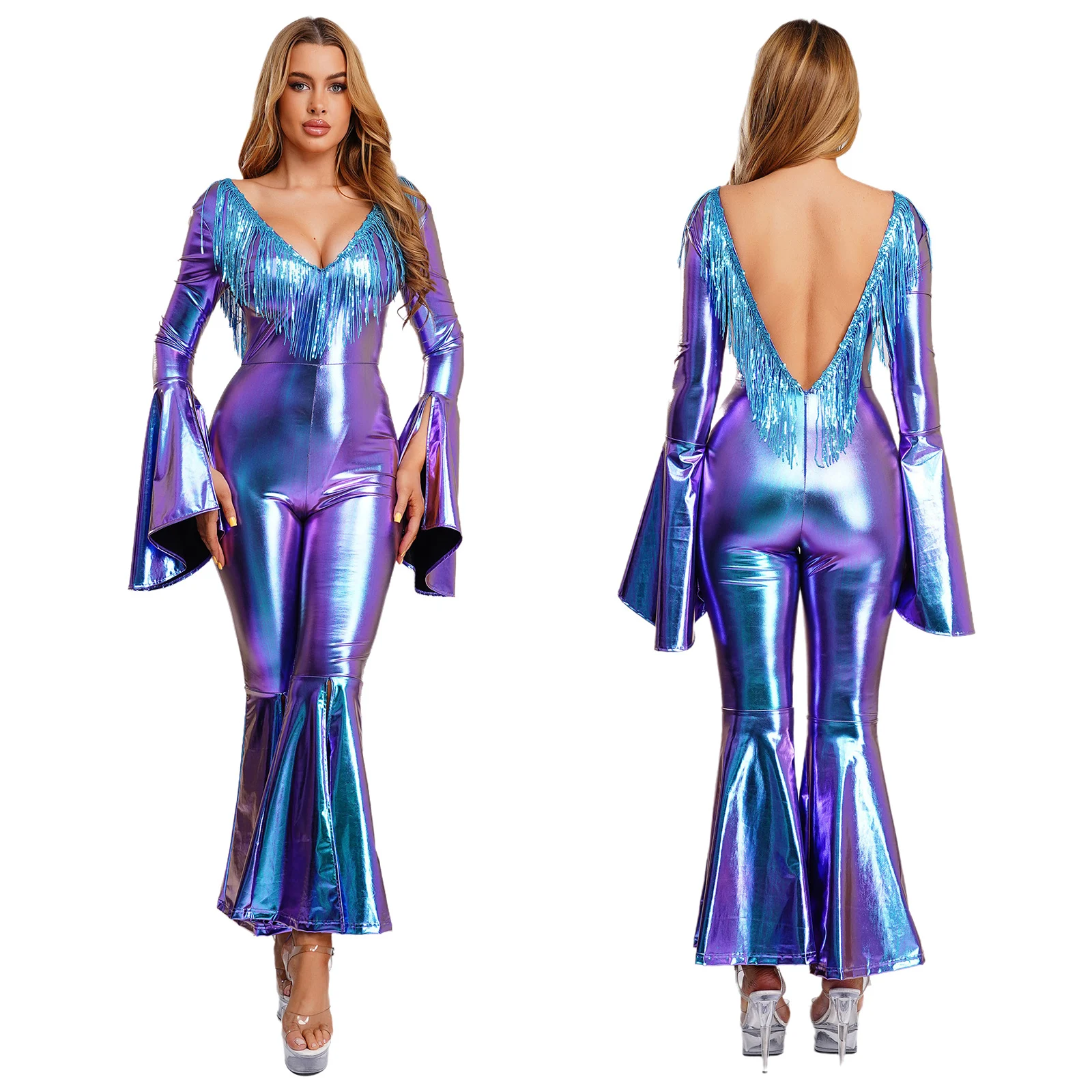 Women 70s Disco Club Dance Jumpsuit Halloween Carnival Hippie Cosplay Costume Sequin Tassel Backless Metallic Flare Bodysuit