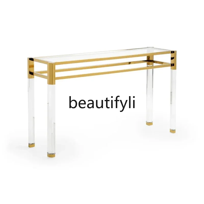 60.American ultra-narrow wall entrance table light luxury stainless steel acrylic hotel corridor table glass table