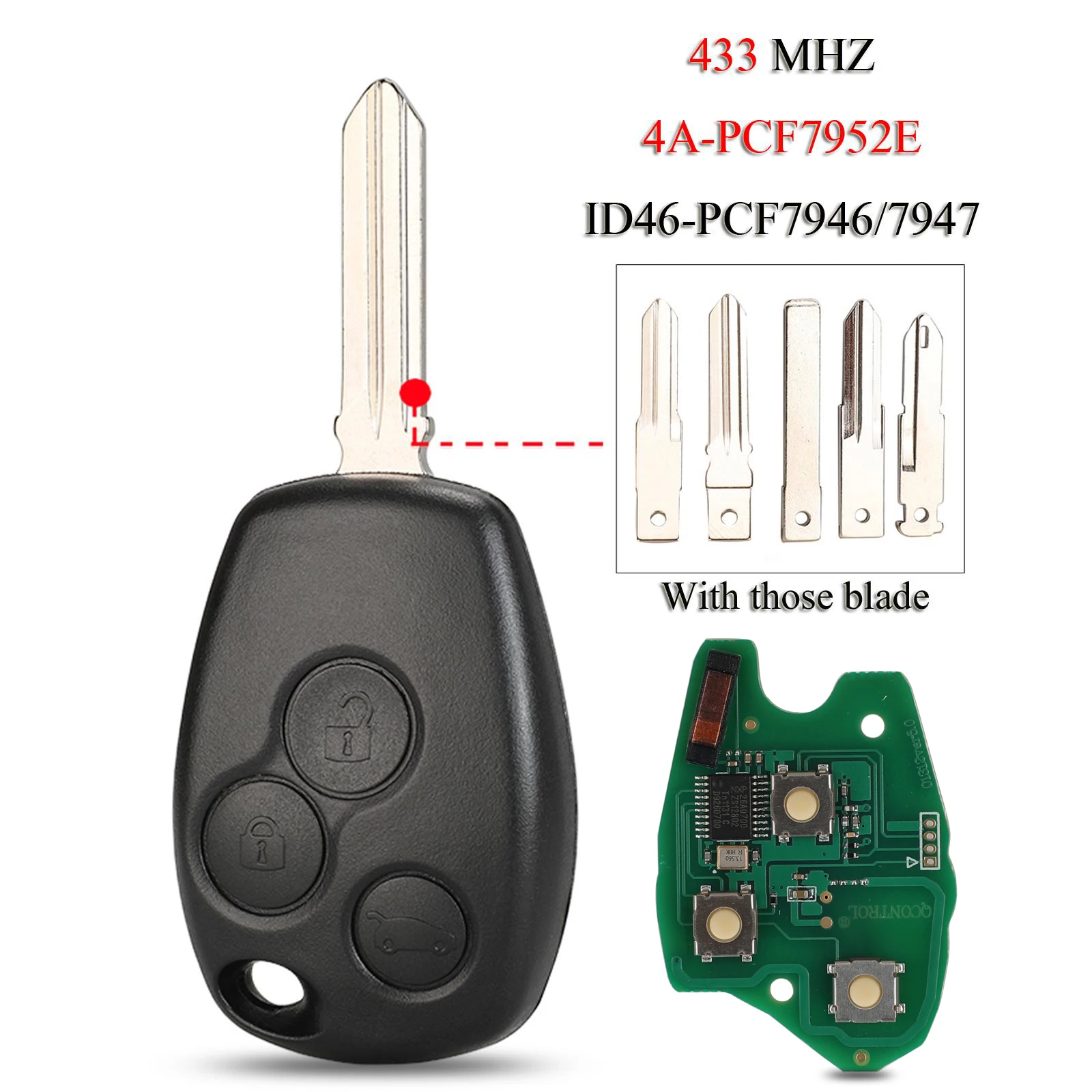 jingyuqin Remote Car Key For Renault Dacia Trafic Vivaro Primastar Movano Clio 3Buttons 433MHZ ID46-PCF7946/PCF7947 4A-PCF7952E