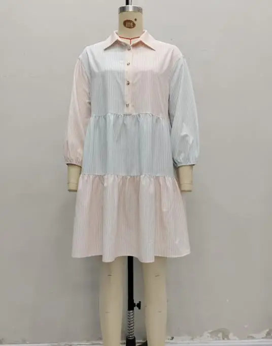 

Womens Dresses 2026 New Spring Pink Blue Contrasting Striped Patchwork Turn-Down Collar Long Sleeve Loose Casual Shirt Dress