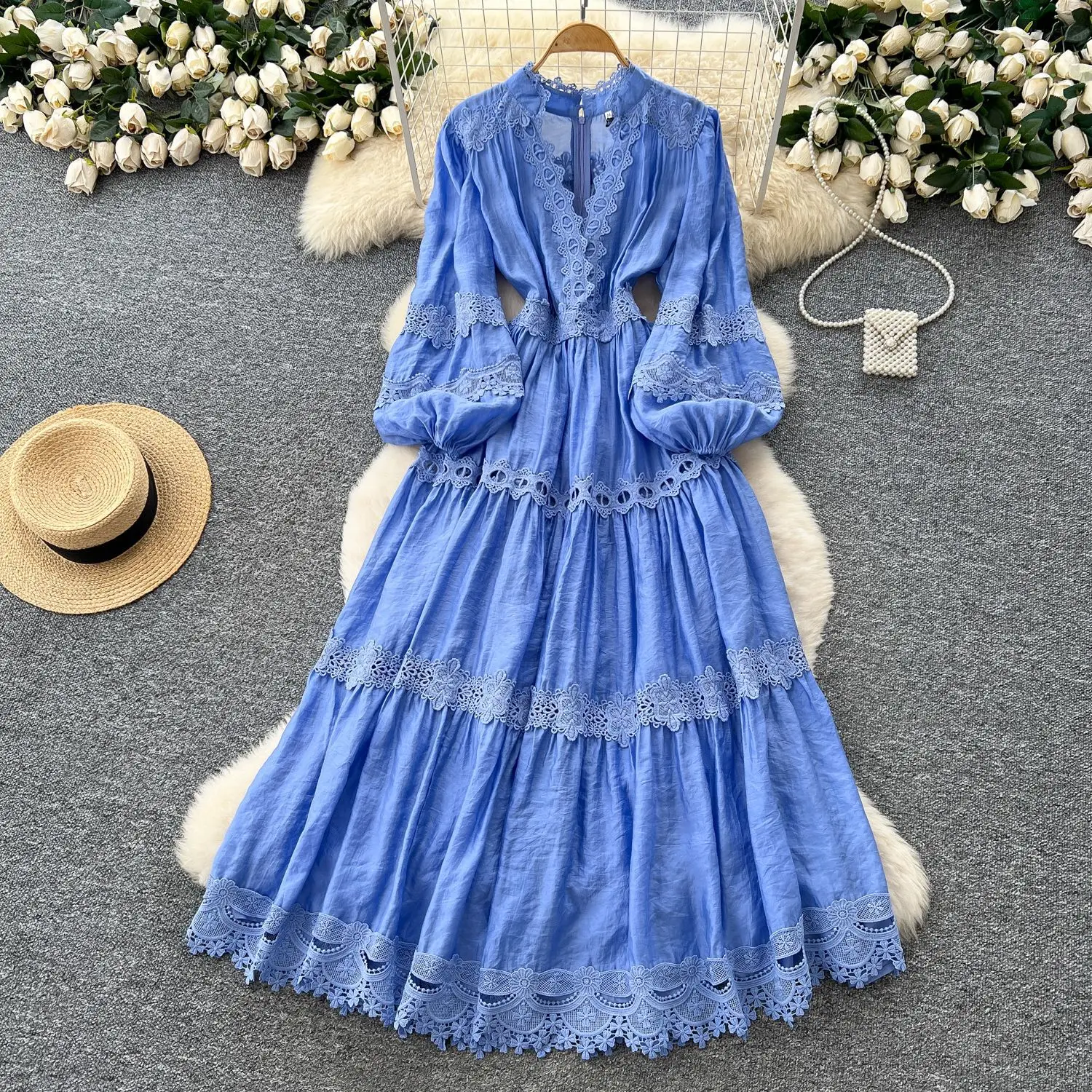 

Long Dress Women Dresses White V Neck Vestidos Puff Sleeve Elegant Splice Y2k Streetwear High Waist Work Party Night Hollow Out