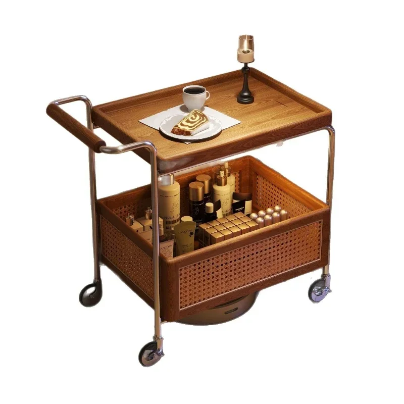 Side few solid wood wabi-sabi wind retro storage trolley Nordic living room sofa rattan locker removable