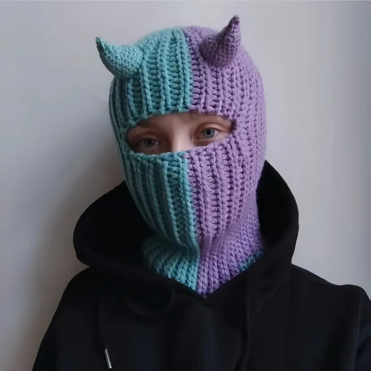 Unisex Warm Knitted Balaclava Ski Mask with Devil Horns - Full Face Cover Hat for Winter Outdoor Halloween