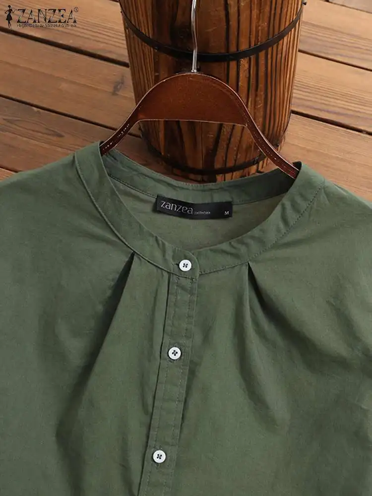 ZANZEA 2023 Autumn Summer Blouses Casual Women Shirts Solid Color 3/4 Sleeve Buttons Cotton Linen Blusas Solid Top Casual Tunic