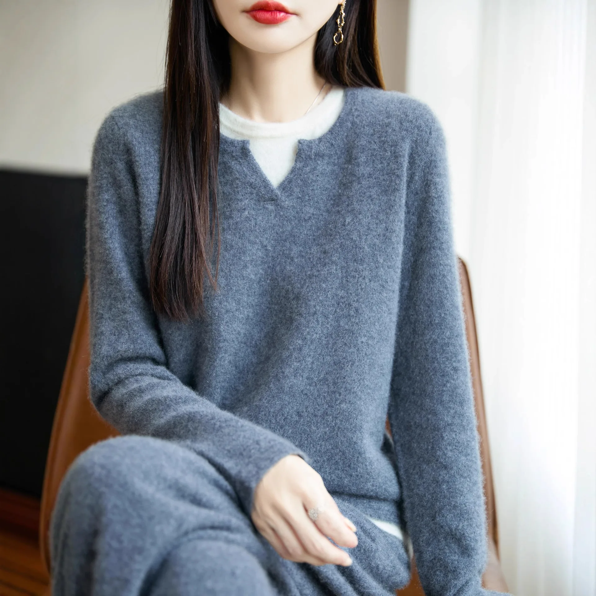 

Женский свитер и пуловеры из 100% шерсти с длинными рукавами и v-образным вырезом, осень-зима, лоскутные вязаные рубашки, корейские модные джемперы