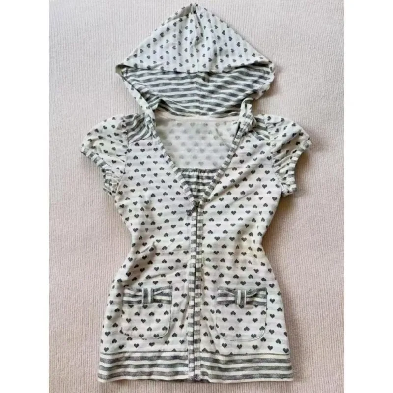 

Japanese Harajuku Sweet Polka Dot Print Hooded T-shirts Subculture Striped Bubble Sleeve Tees Women's Kawaii Design Zipper Tops