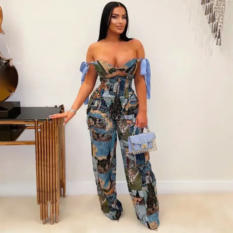 

GUWU Printed Women's Set Bow Strap Sleeveless Crop Tops + Wide Leg Pants Fall Street Two 2 Piece Set Outfits Tracksuit