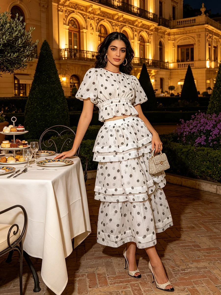 Fashion suit women's 2026 summer new style polka dot short sleeved top paired with cake skirt two-piece set traf