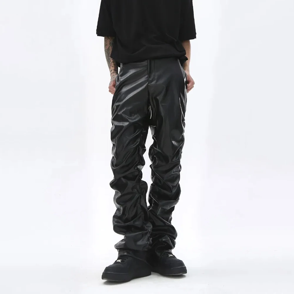 

Winter New Men's Solid Color Straight Leg PU Leather Trousers American Retro Fashion Trend High Street Casual Slim Men's Bottoms
