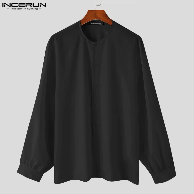 2024 Men Shirt Solid Color O-neck Lantern Long Sleeve Button Casual Men Clothing Loose Streetwear Fashion Shirts S-5XL INCERUN