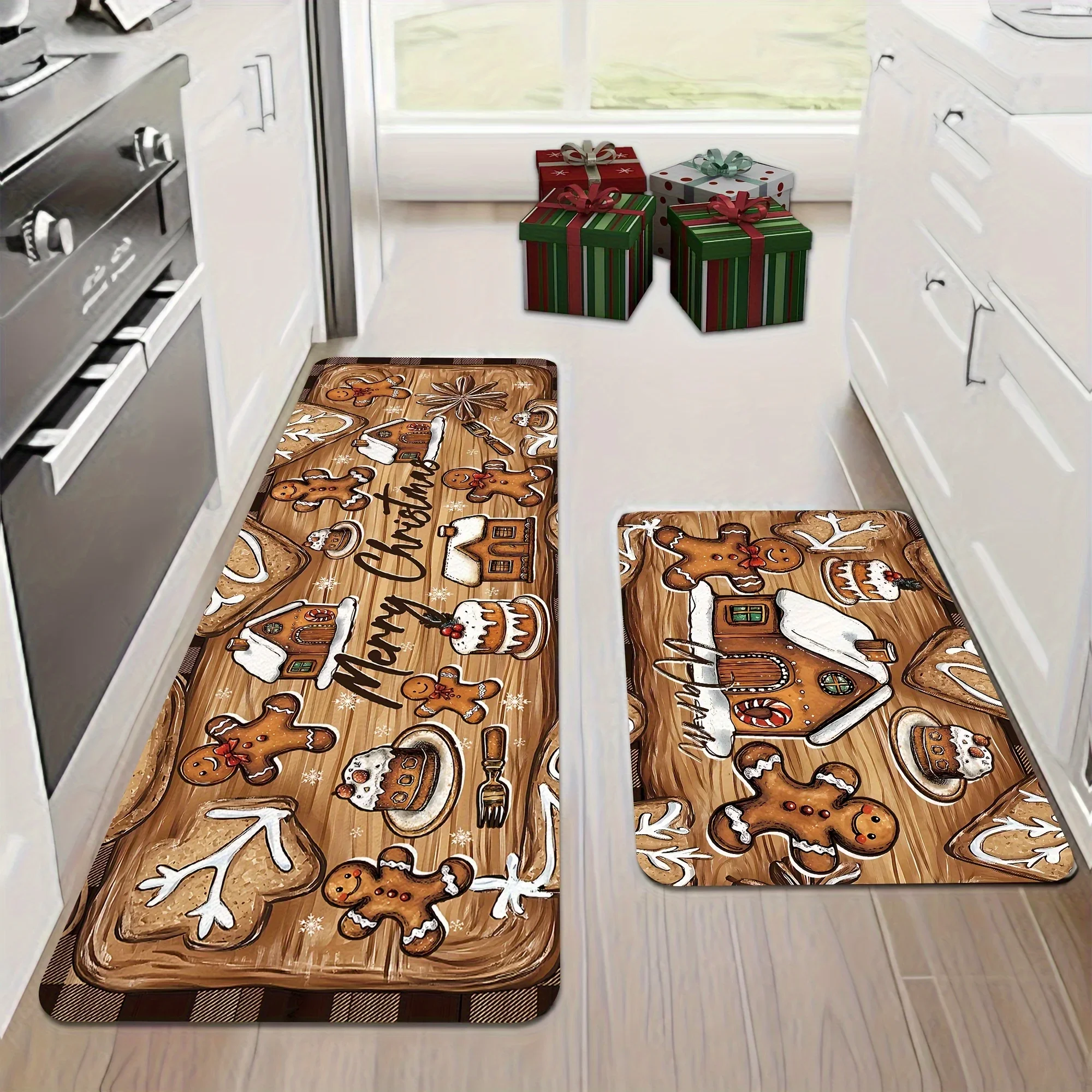 Wood Grain Gingerbread Man Candy House Kitchen Floor mat Christmas Decoration Warm Xmas Welcome Runner Mat Set Home Decor