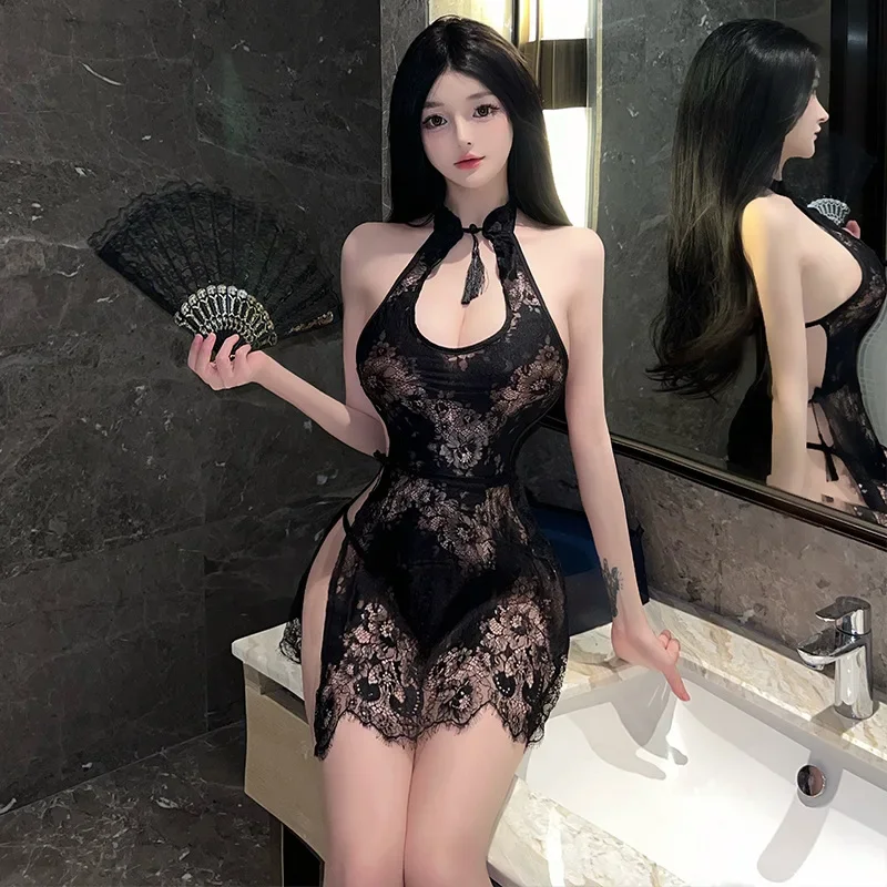 فستان الجنس معلقة الرقبة العميق الخامس كاشفة شيونغسام الدانتيل التفاف الورك تنورة قصيرة فساتين نسائية فساتين قصيرة الجنس متجر تأثيري الطرف