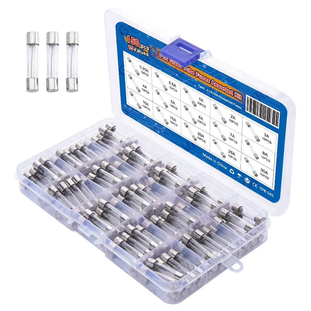 150PCS 15Values 6*30 Glass Tube Fuses Car Glass Tube Fuses Assorted Kit 6X30 with Box fusiveis 0.1A-30A Household Fuses 0.1A 30A