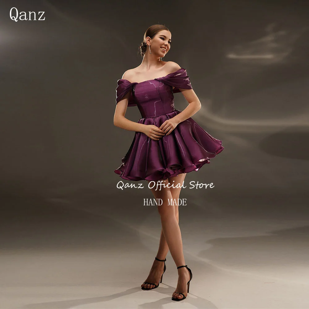 

Qanz Purple Shiny Stain Prom Dress Short A Line Off The Shoulder Backless Mini Sexy Mini Bespoke Occasion Dresses Customized