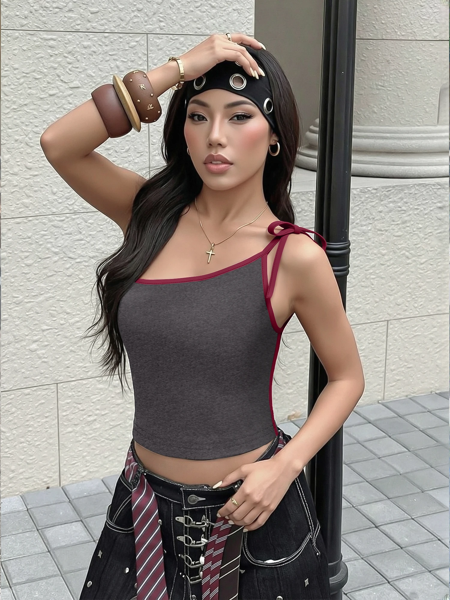 One Shoulder Self-Bow Sling Top, Trim Outline Fitted Cropped Vest for Retro Streetwear & Festival OOTDs