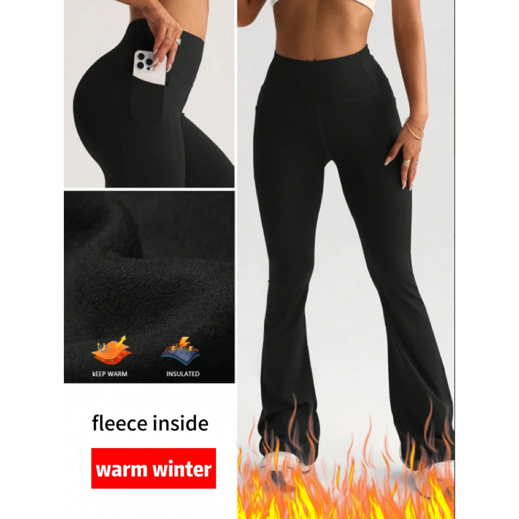 Ausgestellte Leggings für Damen, dickes Fleece, für Fitnessstudio, Fitness, Workout-Hose, Yoga-Hose, hohe Taille, warme Sport-Trainingsstrumpfhose mit Taschen