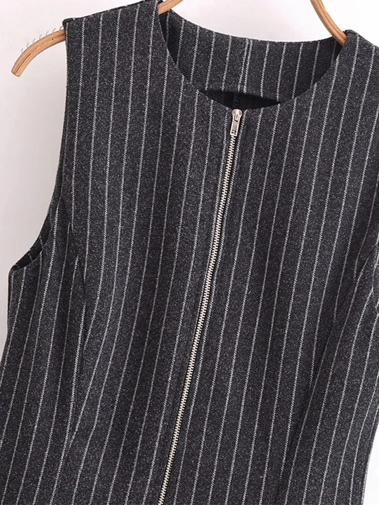 Abito a righe da donna casual vintage primaverile o-collo senza maniche pieghe cerniera abiti lunghi abito chic di nuova moda