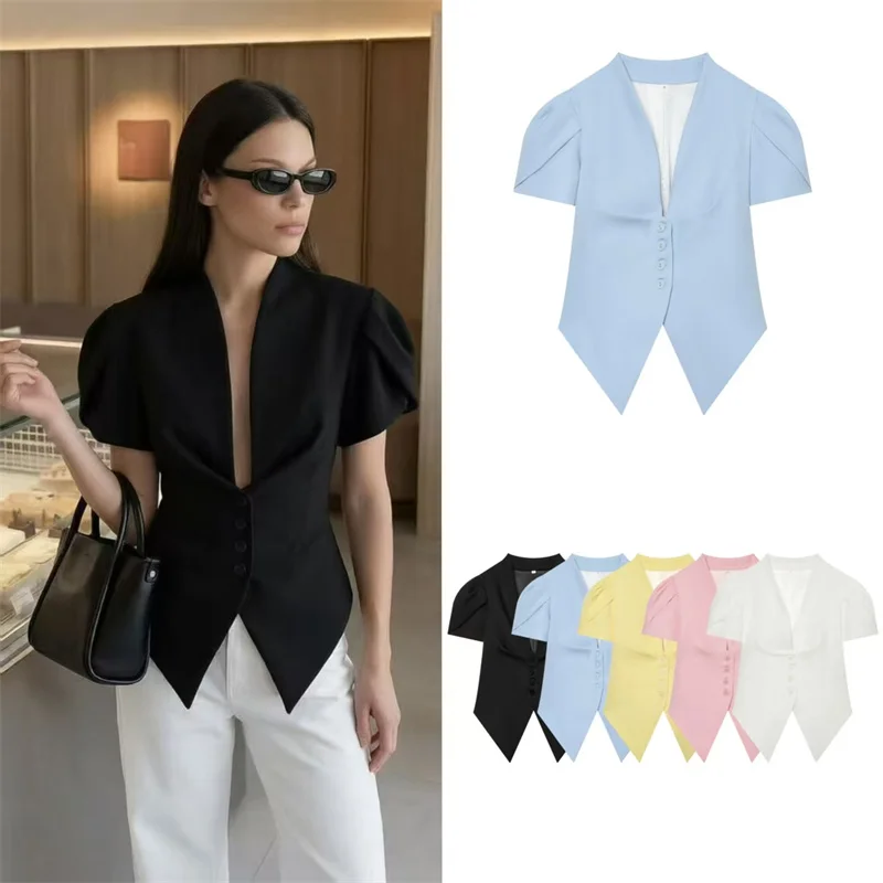 

Women's Jacket 2026 Summer New Style Solid Color Short Sleeve Waist-Tucked Decorative V-Neck Sexy Jacket Fashionable and Unique