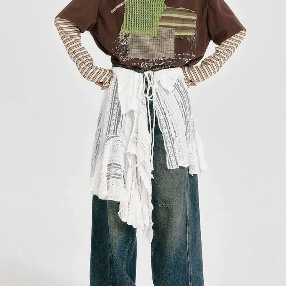 

Fashion Lace Up Lace Skirt One-piece Type High Waist Hollow Out Skirt Fold Through Y2K Tied Waist Skirt Women