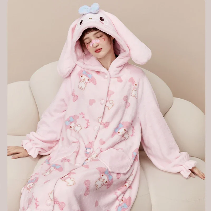 My Melody Kawaii Women Plush Pajamas Robe Set Sanrioed Anime Homewear Cartoon Winter Long Style Thickened Nightgown Pants Sweet