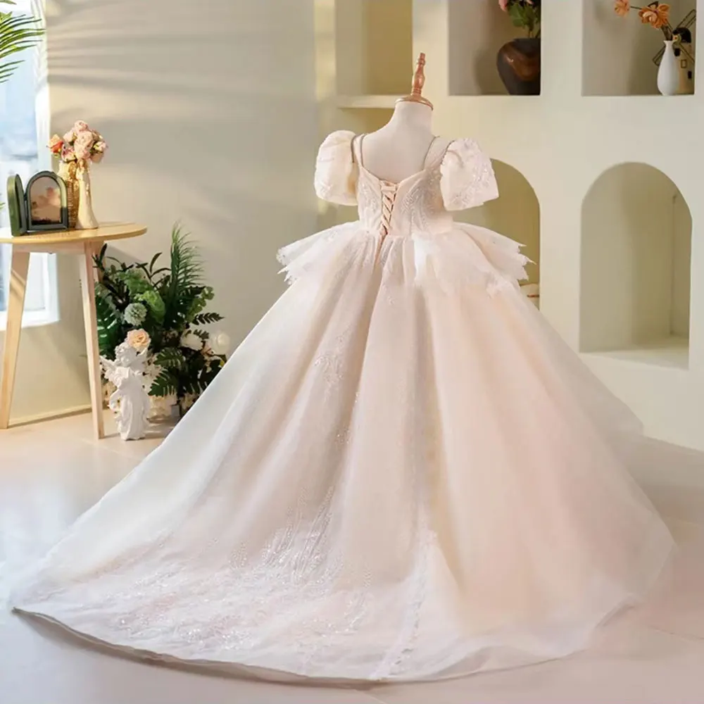 Jill Wish Luxury Elegant White Flower Girl Dress Beads Arabic Princess Kids Wedding Birthday Party Ball Gown Communion 2024 J248