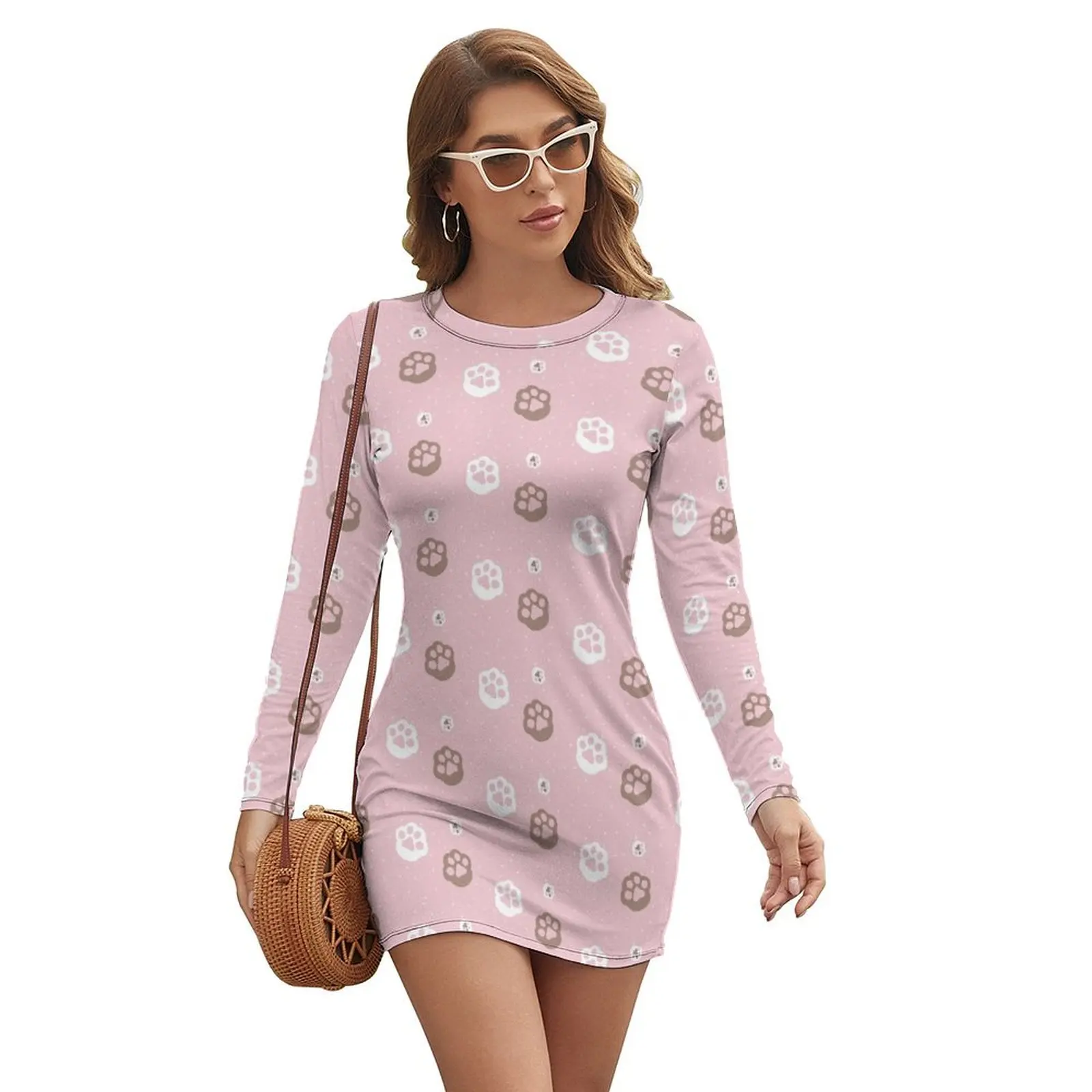 

Pretty Pastel Pink Paw Prints Long-sleeved Dress luxury dress long sleeve dresses Dresses