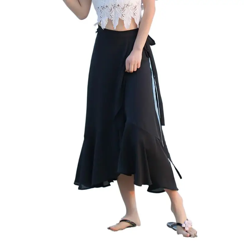 7 Color 2024 New Summer Women Chiffon Skirt Solid Beach Midi Skirts One Piece Split Skirt Adjustable Waist Skirt  -