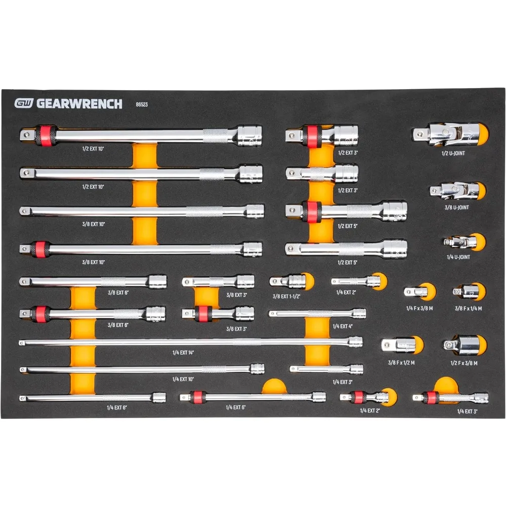 

29 Piece 1/4", 3/8", 1/2" Drive Chrome Tool Accessories Set with EVA Foam Tray - 86523