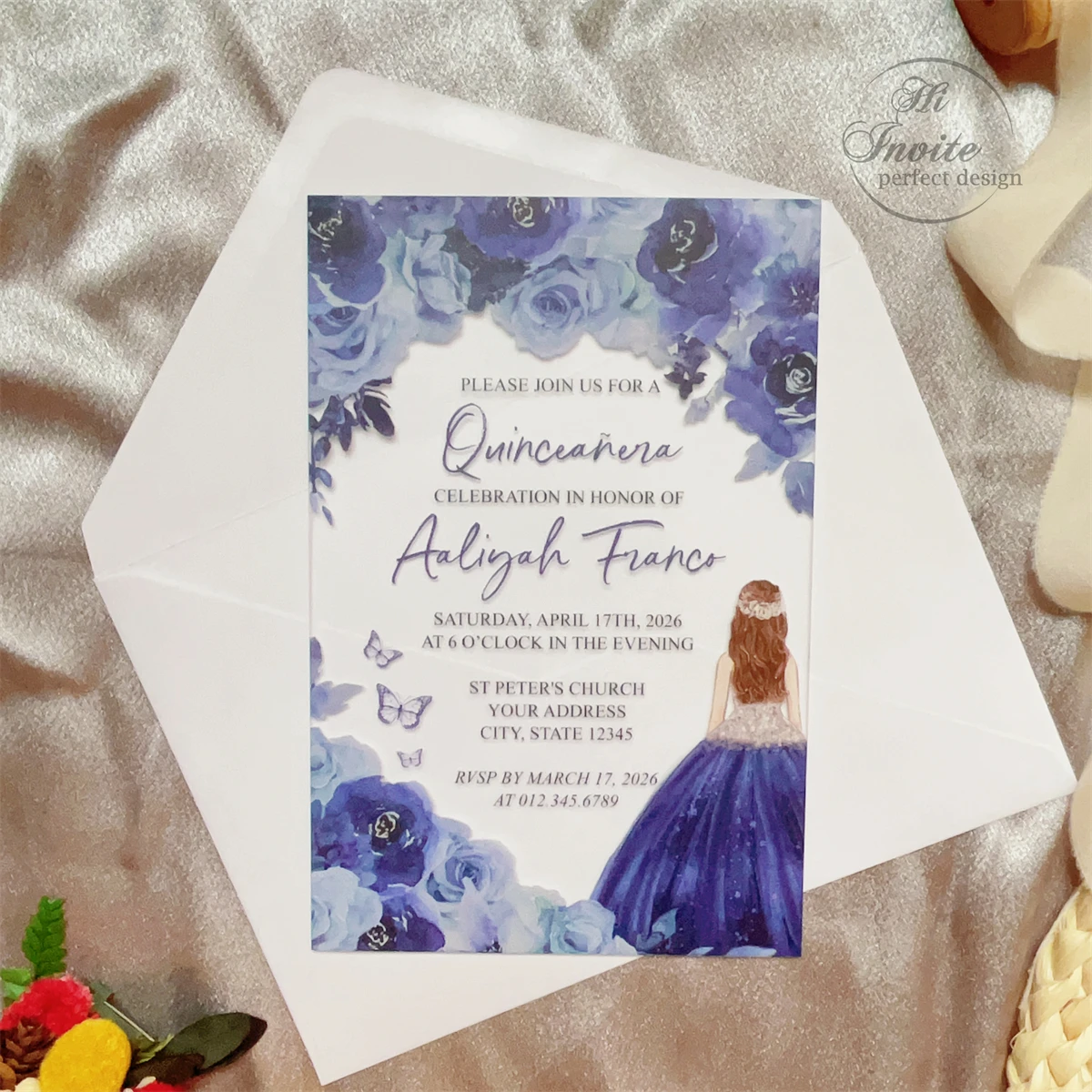 Elegant Sweet 15 Acrylic Invitation, Navy Princess Floral Quinceañera Acrylic Invite, Mis XV Anos Girl Birthday Card