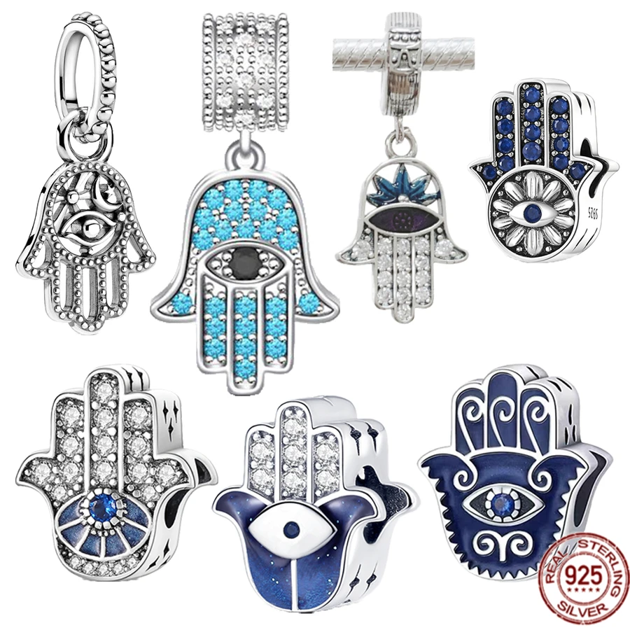 Proteção Hamsa Mão e Evil Eye Dangle Charms, 925 Sterling Silver Beads, se Fits Original Pulseira Pandora, DIY Jóias Gift, Hot Sale