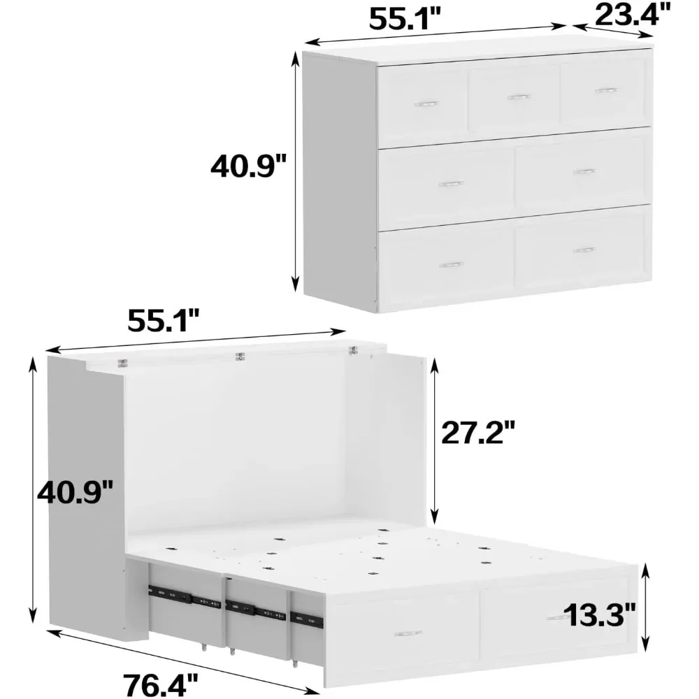 Murphy Bed with Charging Station & Drawer, Mobile Cabinet Bed, Space-Saving Folding Murphy Bed(76.4”W x 55.1”D x 40.9”H)