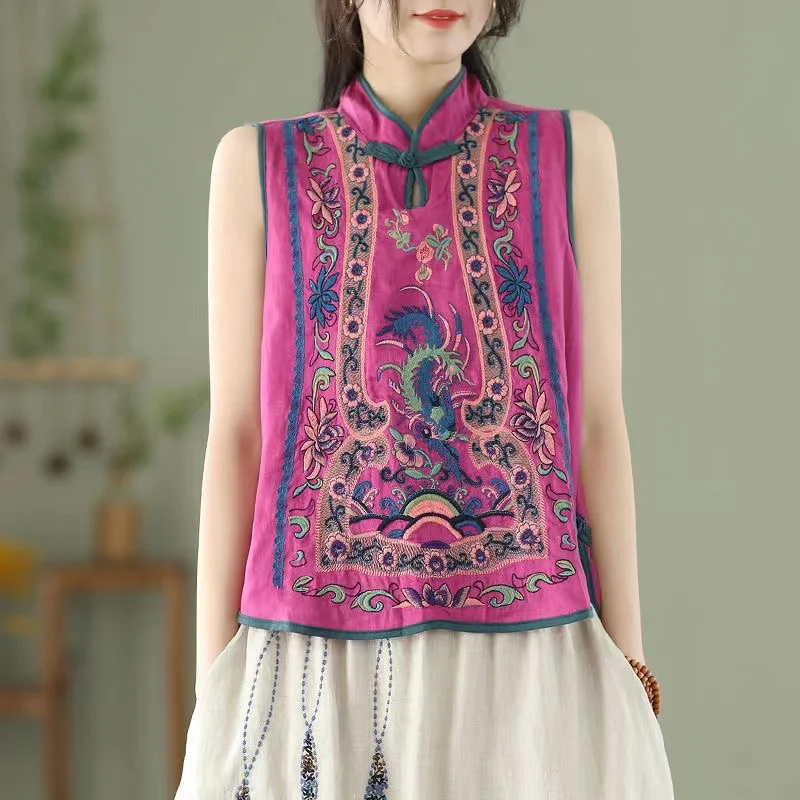 Retro Embroidery Cotton Linen Chinese Traditional Women\'s  Vest Chinese Style Pullover Ladies Summer Exquisite Stand Collar Top