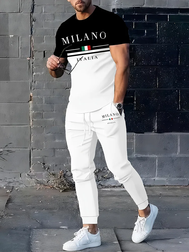 Simple couronne 3D imprimé décontracté hommes mince à manches courtes et pantalons longs, rue urbaine décontracté hommes 2 pièces mince pantalons longs ensemble
