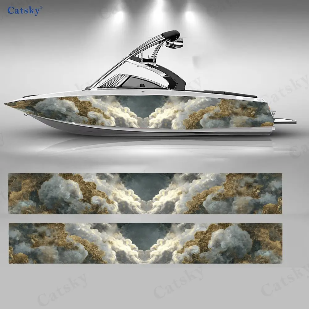 

2 шт. позолоченных наклеек с волнами и облаками для лодок, водонепроницаемые виниловые наклейки из ПВХ для рыболовных судов, прочные и стильные.
