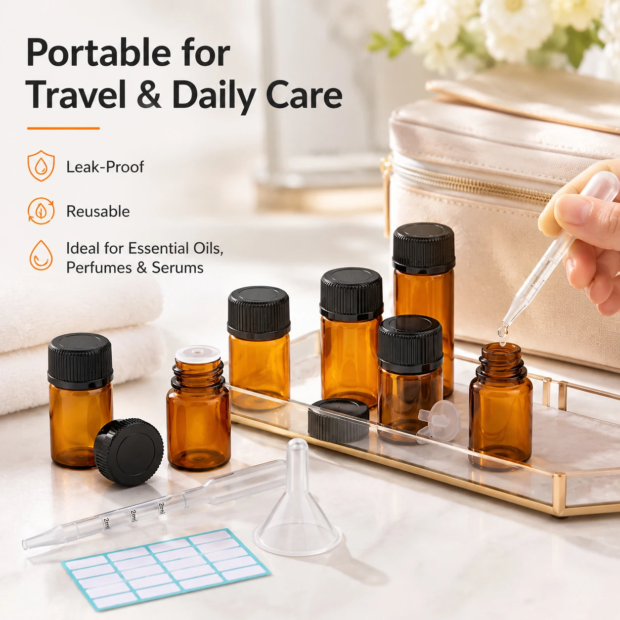 10/20Pcs Mini Amber Glass Bottles with Black Caps, Dropper Pipette Funnel Labels Refillable Empty Vials Set