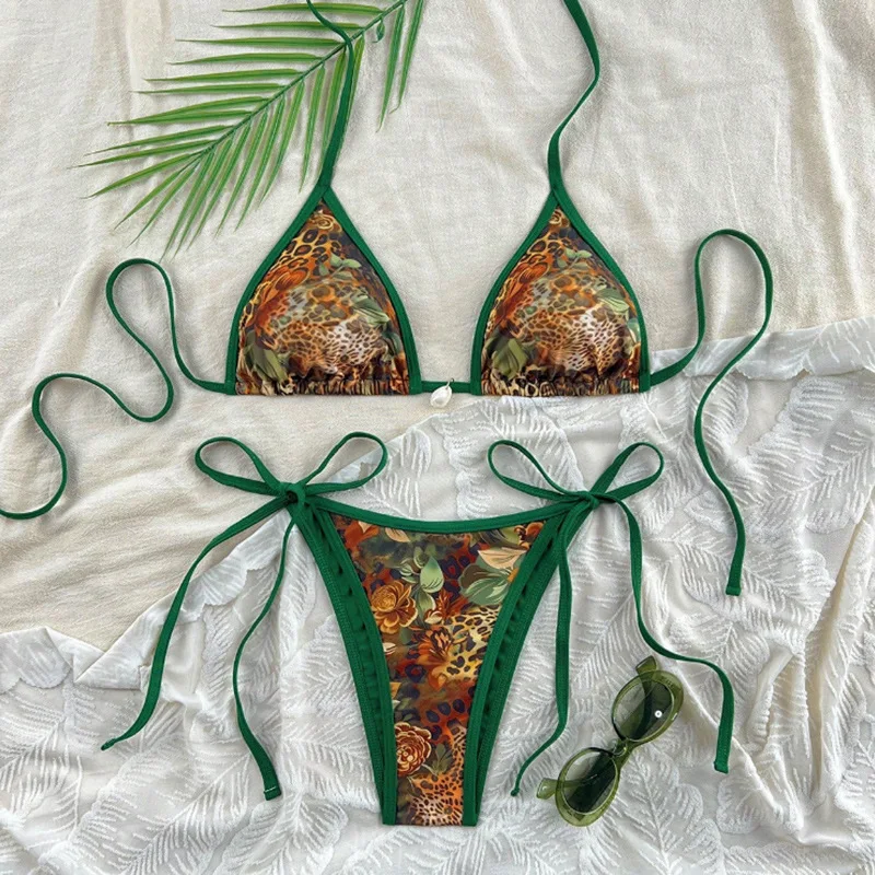 Costume da bagno bikini leopardato sexy da donna con cinturino push up costume da bagno bikini a tre punti costumi da bagno a vita bassa costumi da bagno estivi senza schienale da donna