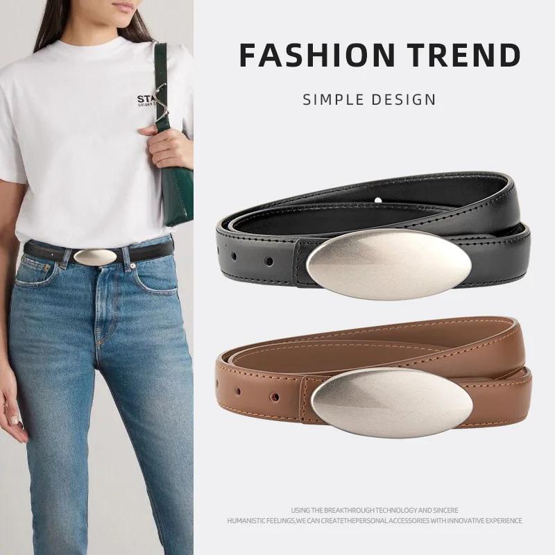 Women's Fashion Oval Sliver Color Alloy Buckle Genuine Leather Waist-Cinching Belt Female Cummerbund Coat Waistband Narrow Belts
