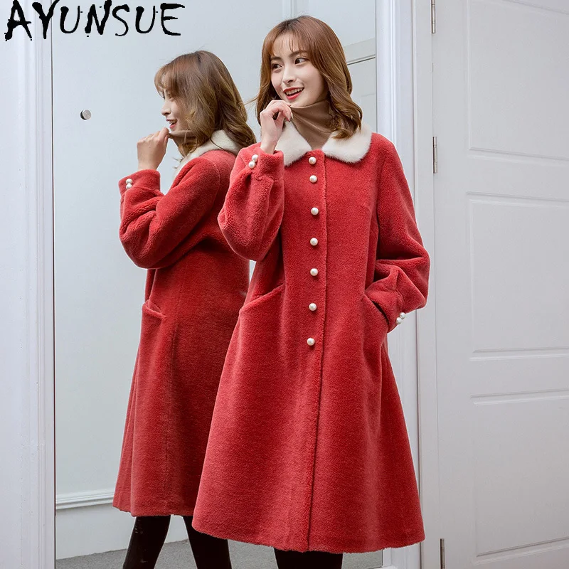 AYUNSUE-abrigo de lana de 100% para mujer, chaqueta de piel de visón con cuello de piel de oveja, ropa de invierno, piel compuesta femenina, Пitzakто Ж Jayaе