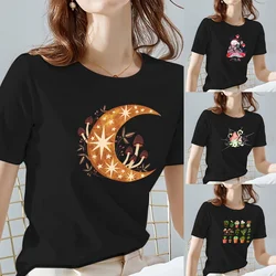 Women Tops Tee Black All-match Casual Ladies T-Shirts O Neck Mushroom Pattern Print Commuter Short Sleeve Women's Clothing