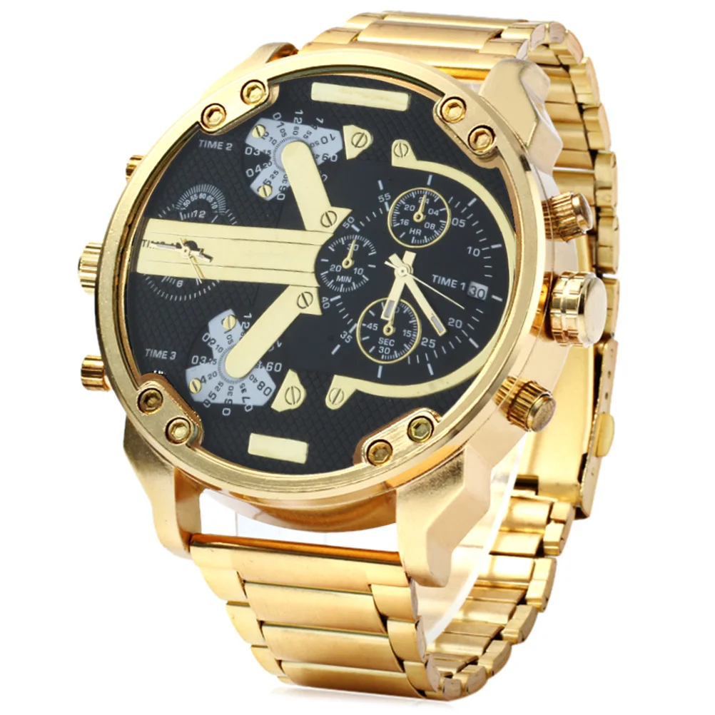 

Large Dial Quartz Watch Men Dual Time Display Stainless Steel Band Golden Black For Men Boys Gift Shiweibao Mens Watch