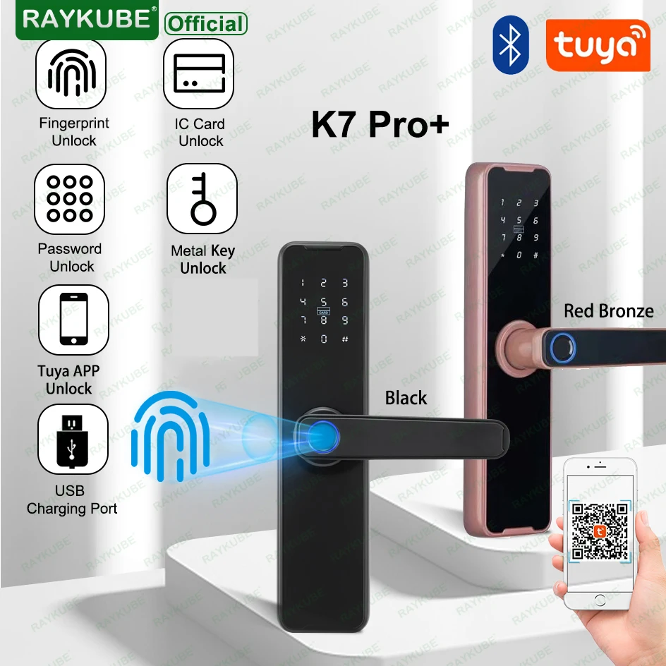 RAYKUBE K7 Pro+ Fingerprint Door Lock Smart Bluetooth Tuya App Remote Unlocking Keyless Electronic Smart Home