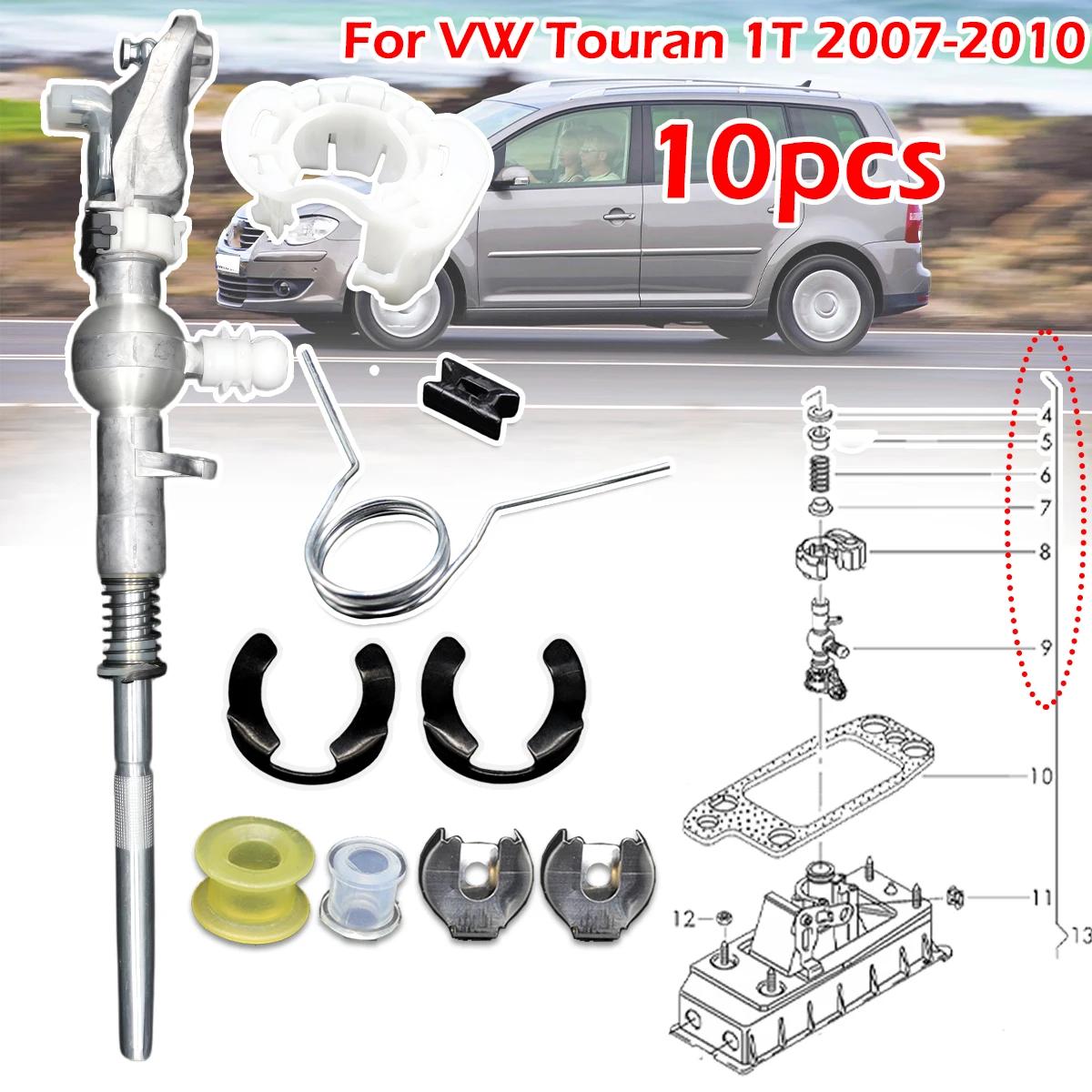 10pcs For VW Touran 1T 2007-2010 Gearshift Lever Rebuild Kit with Gearshift Cable Bushing Lock Washer Set 1K0711116 1K0711265