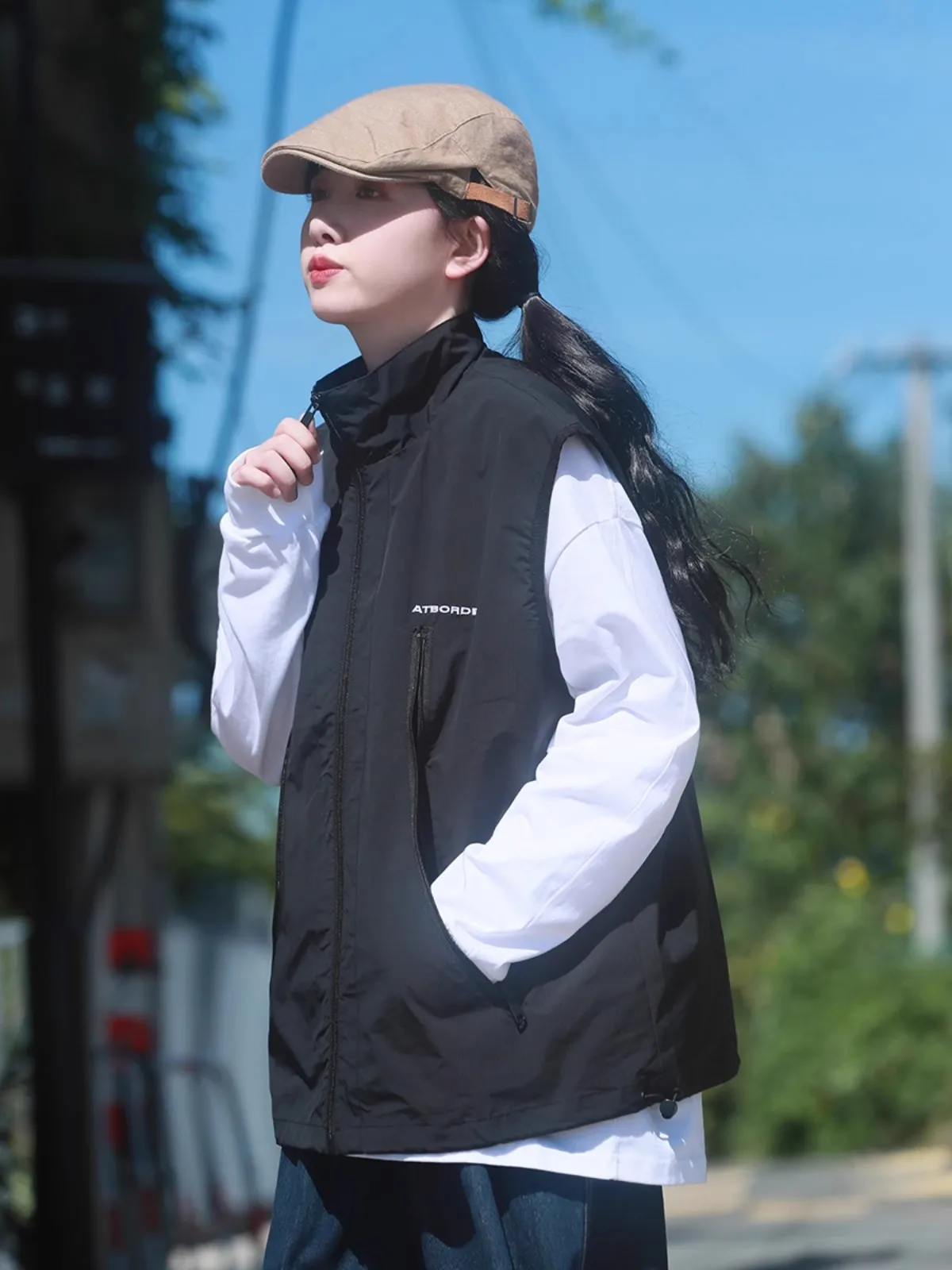 

Spring Autumn Women's Jaet Design Sense Stand Collar Large ket Workwear Vest Student Layering Trendy Brand Svel Coat