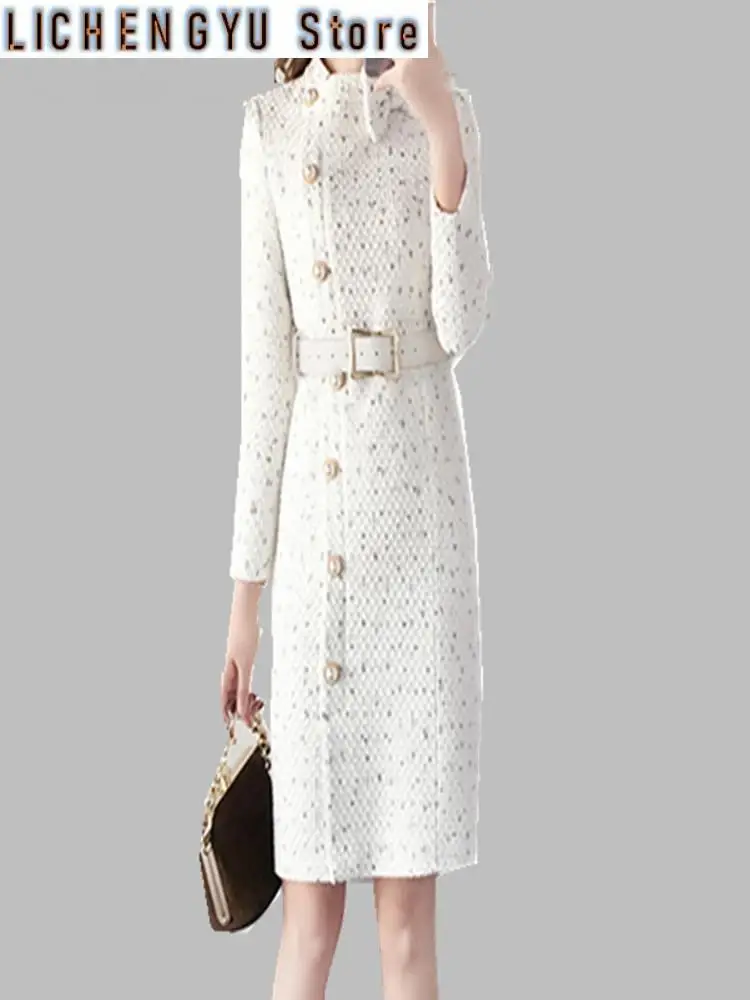 New Arrival Autumn Winter Runway Women Elegant Tweed Dress Bow Collar Long Sleeve Female Fashion Chic Vestidos