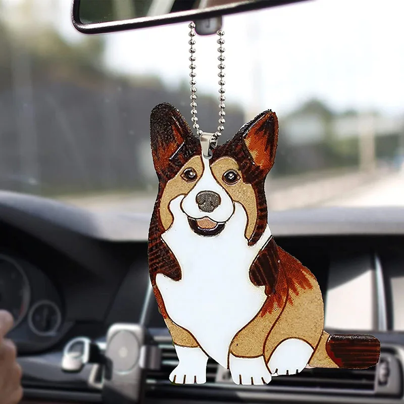 1PCS Creative Cartoon Cute Animal Corgi Dog Car Pendant Acrylic Auto Rearview Mirror Hanging Ornament Decoration Car Accessories